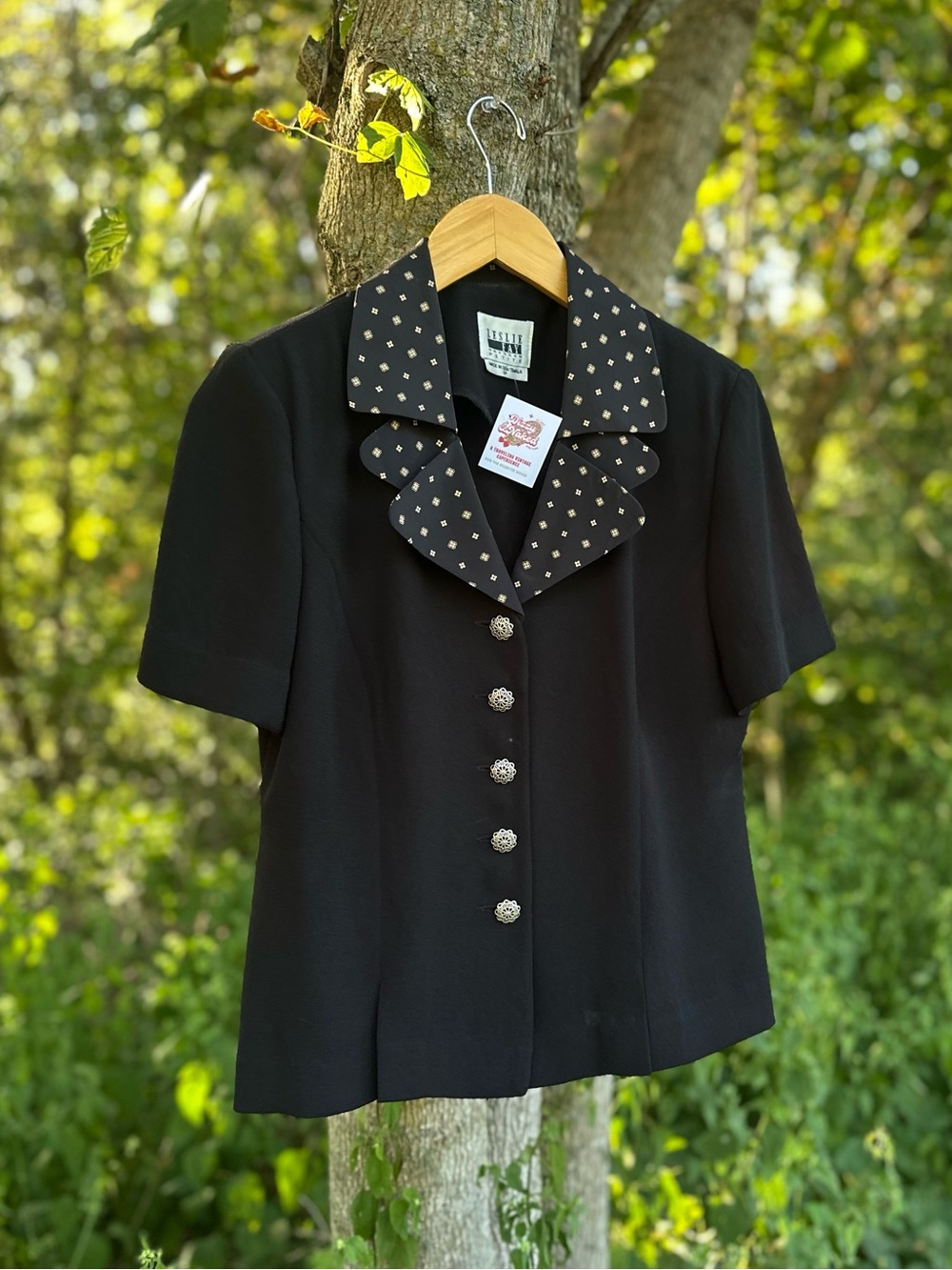 Vintage 90s Leslie Fay Black Short Sleeve Blazer Top with Embellished Collar